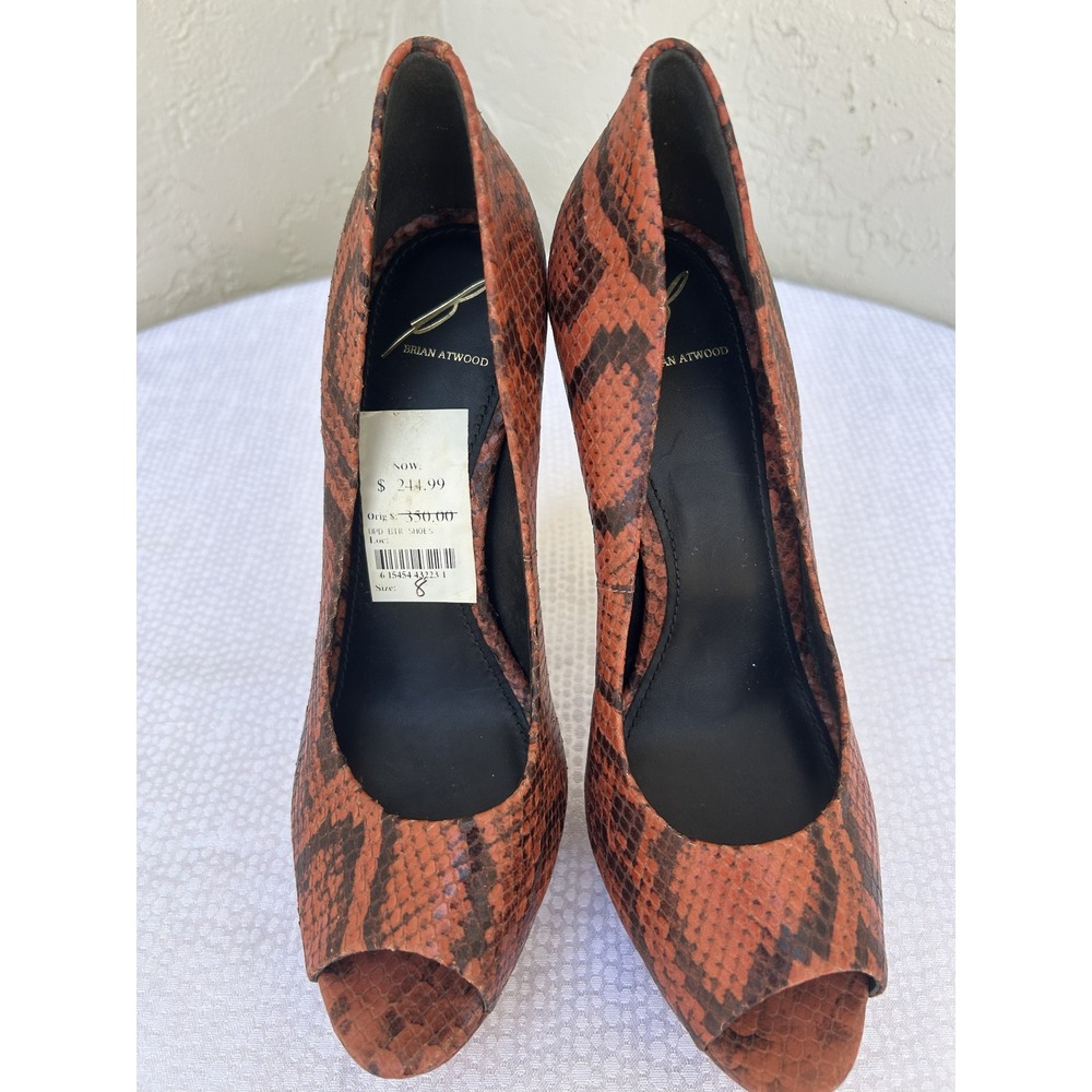Brian Atwood Snakeskin Embossed Leather Peep Toe Platform Pumps Orange Black 8